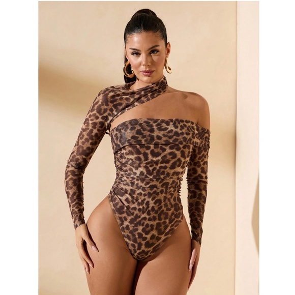 Leopard Cheetah Animal Print Brown Asymmetrical Long Sleeve Slim Bodysuit - Picture 6 of 8